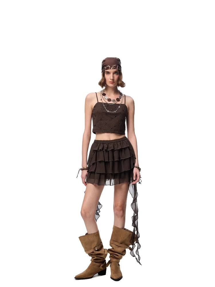 SHROENRO Layered Ribbon-Style Skirt: A-Line Chiffon Tiered Mini Skirt with a Flowy, Ethereal Look