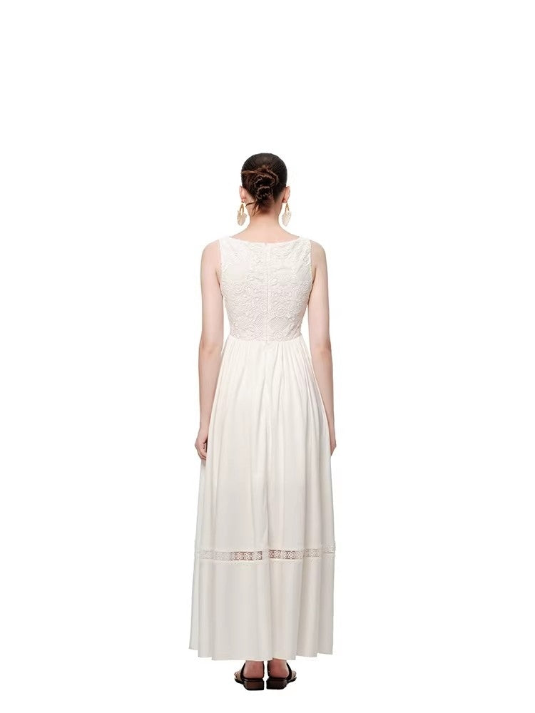SHROENRO French Lace U-Neck Fitted Sleeveless Dress for Women