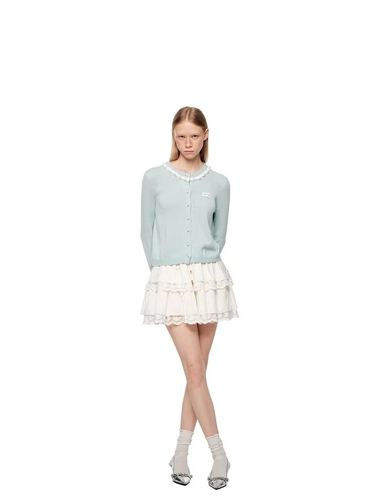 SHROENRO Sweet Preppy-Style Color-Blocked Polo-Neck Lace-Trimmed Fitted T-Shirt