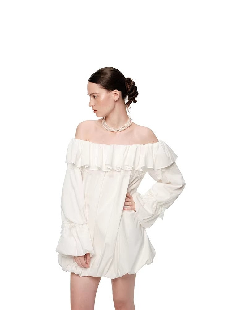 SHROENRO New Arrival: Elegant Off-the-Shoulder Lace-Paneled Bud-Print Dress for Women