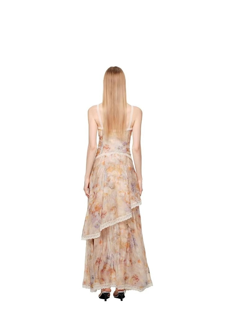 SHROENRO Collection: A stylish, waist-cinched strapless dress featuring lace panels and an oil painting print