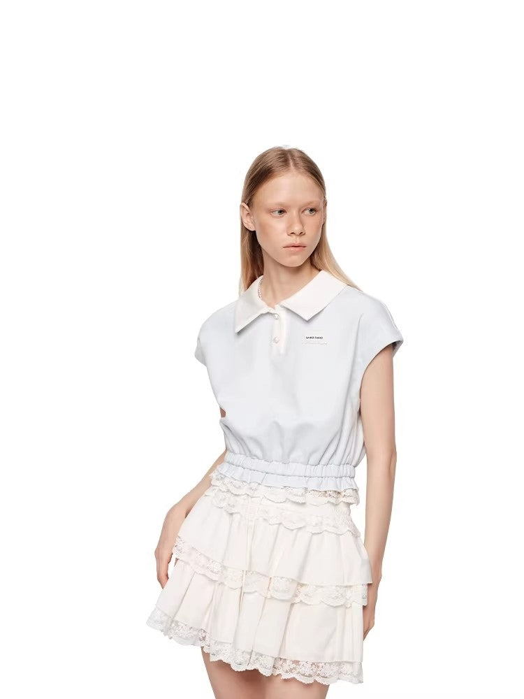SHROENRO New Arrival: Sweet Preppy-Style Color-Blocked Polo-Neck Lace-Trimmed Fitted T-Shirt