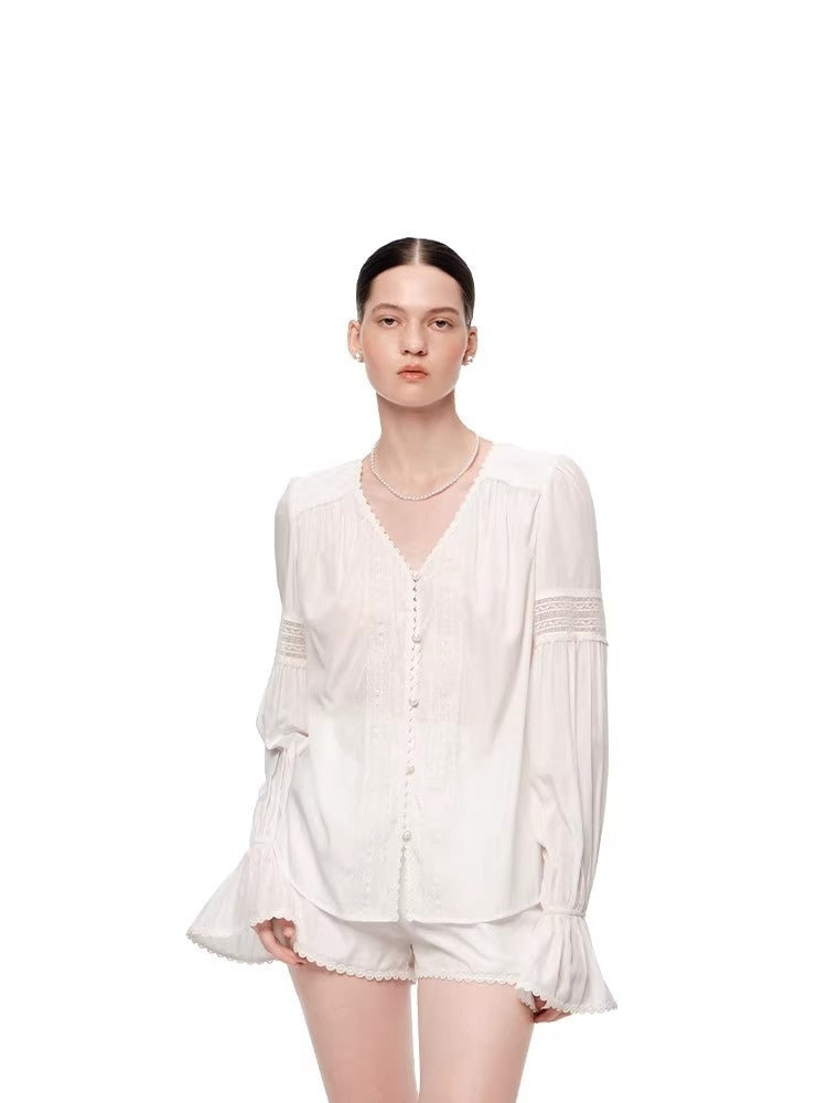 SHROENRO New Arrival: French-Style Loose-Fit, Flowy, Openwork V-Neck Lace Blouse and Shorts Fashion Set for Women