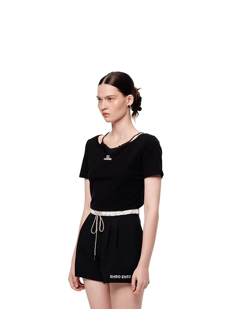 SHROENRO New Arrival: Full-Diamond Brooch, Color-Blocked Satin V-Neck Pleated Two-Piece-Style T-Shirt