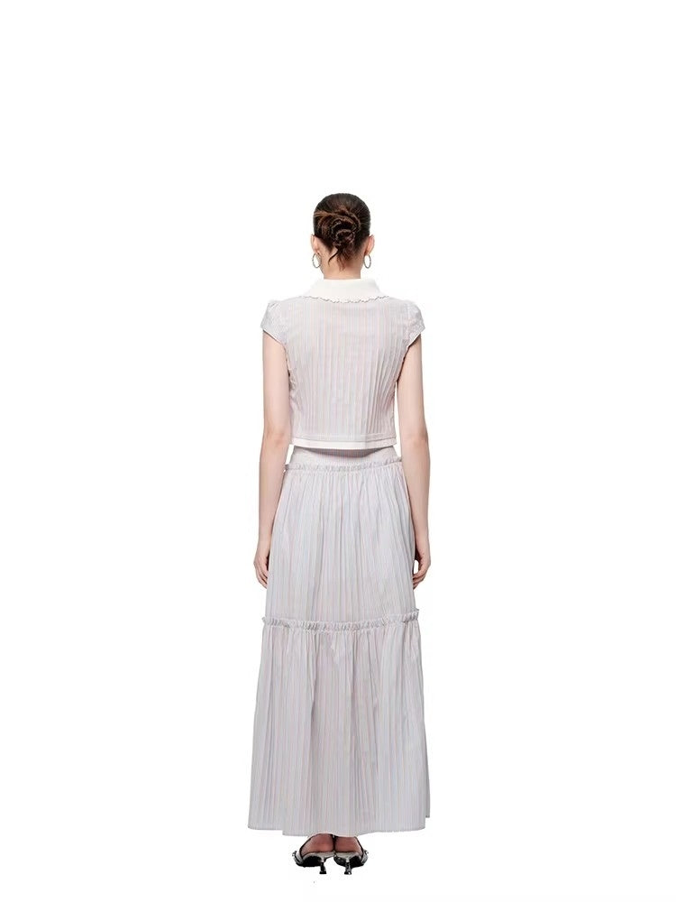 SHROENRO Spring New Arrival: Striped Lace Peter Pan Collar Blouse and High-Waisted Midi Skirt Set – A Fashionable, Girly Ensemble
