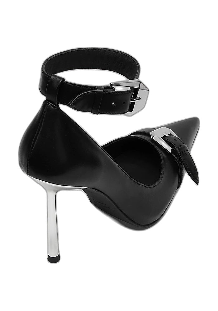 Leather Metal Buckle Ankle Strap Pointed Stiletto Pumps 10CM Business Avant-Garde Designer Heels