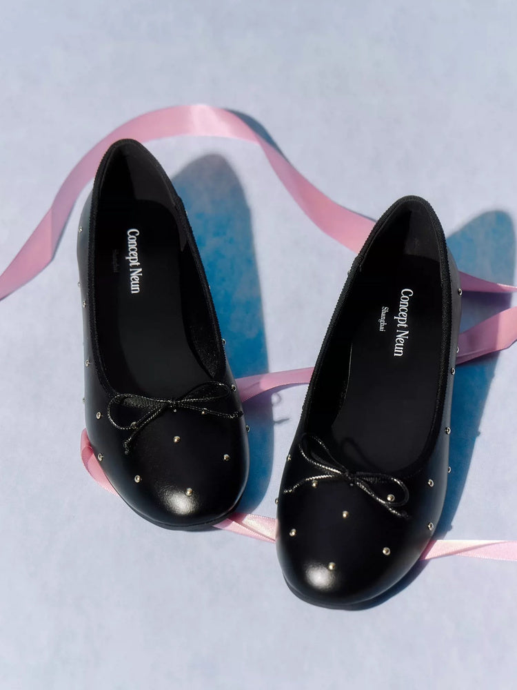 Every Girl's Studded Black Bow Mid-Heel Ballet Shoes