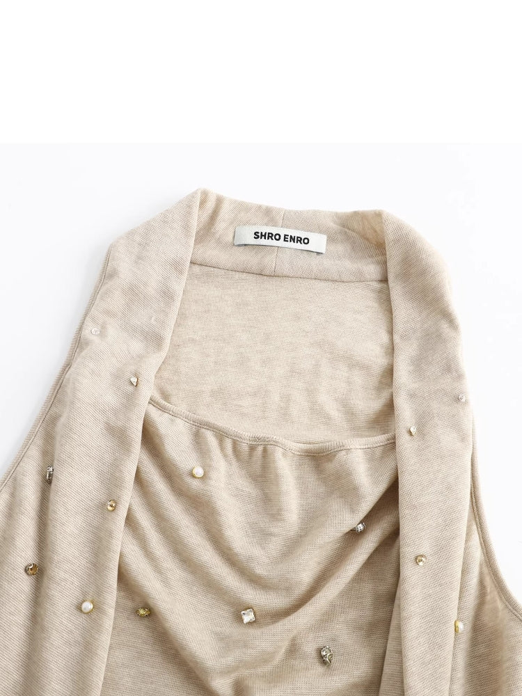 SHROENRO Relaxed-Fit Neckline-Draped Beaded Fitted Knit Tank Top for Women