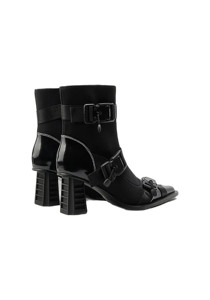 Techwear Stretch Satin Ankle Boots 6.5CM Grooved Block Heel Square Toe Quick Release Buckle Strap Gothic Booties