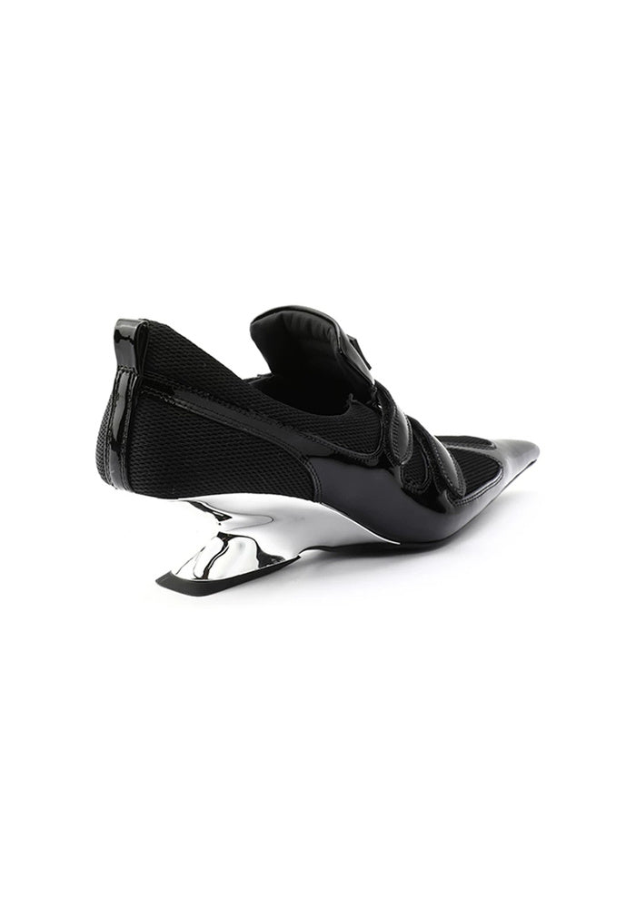 Patent & Mesh Hybrid Pointed Toe Wedge Pumps 5CM Futuristic Avant-Garde Velcro Strap Designer Heels