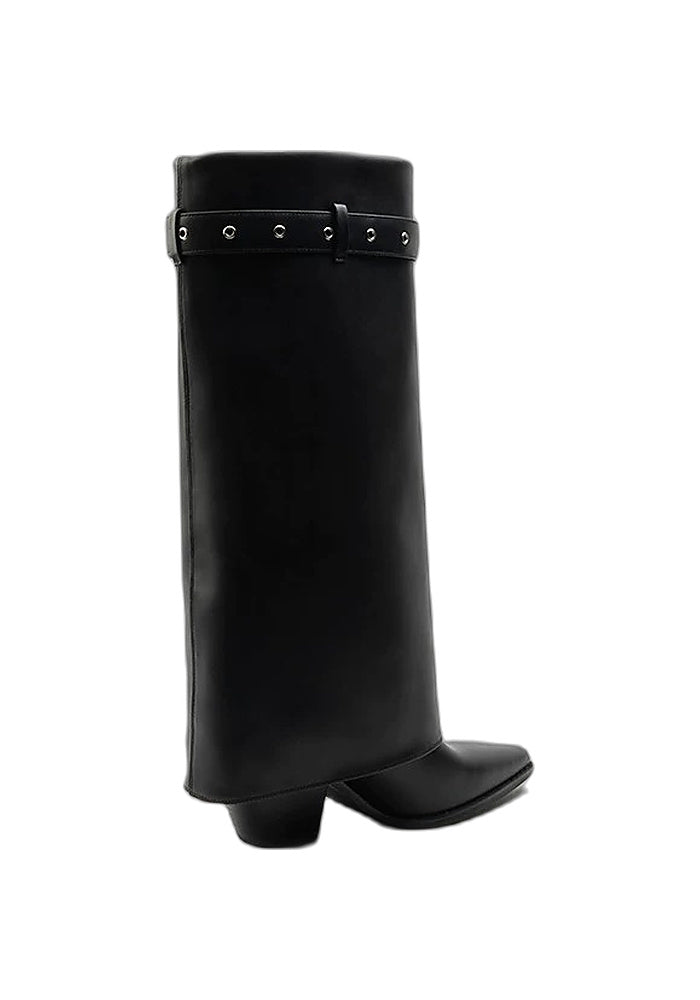Calfskin Fold-Over Knee High Boots 6.5CM Block Heel Pointed Toe Buckle Strap Western Tall Boots