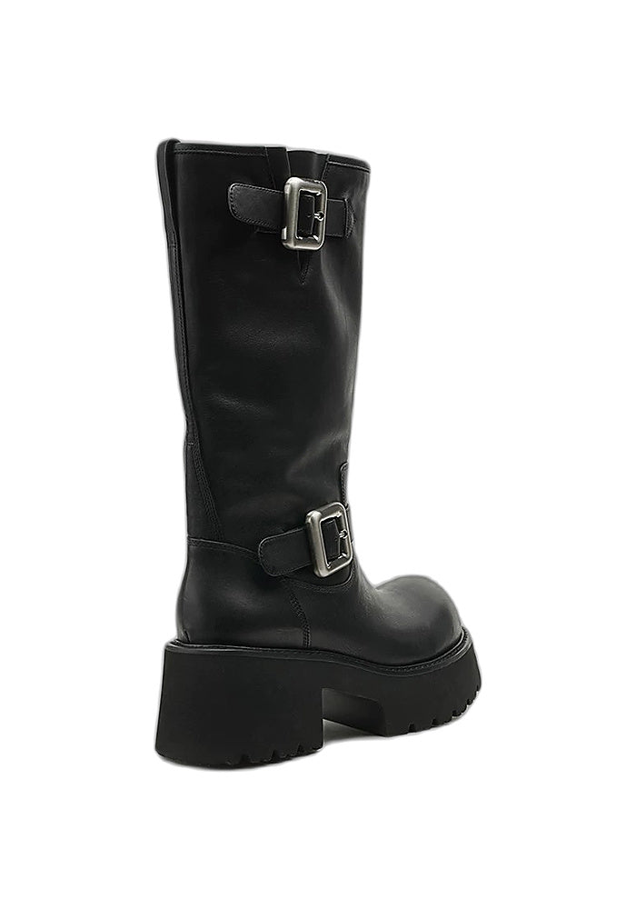 Leather Double Buckle Platform Mid-Calf Moto Boots 7CM Gothic Avant-Garde Block Heel Riding Boots