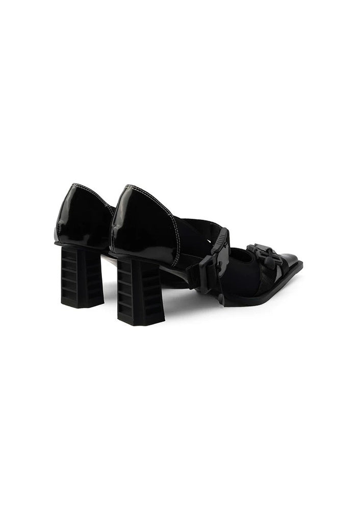 Techwear Buckle Strap Slingback Pumps 6.5CM Geometric Block Heel Square Toe Leather Heels