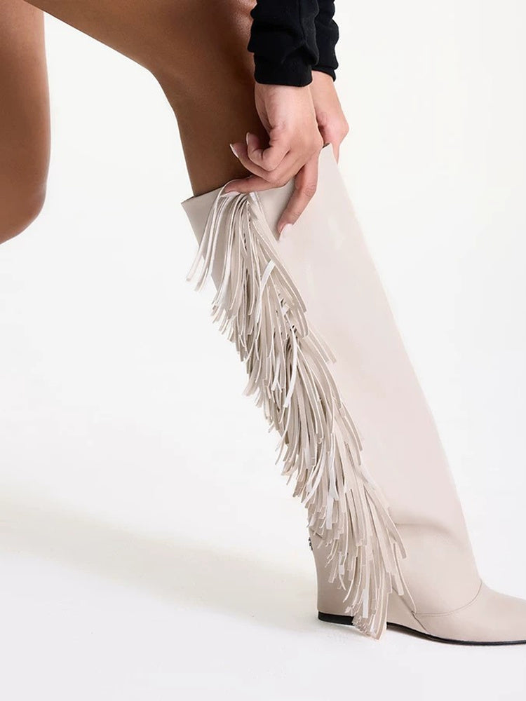 Western Fringe Wedge Knee-High Boots