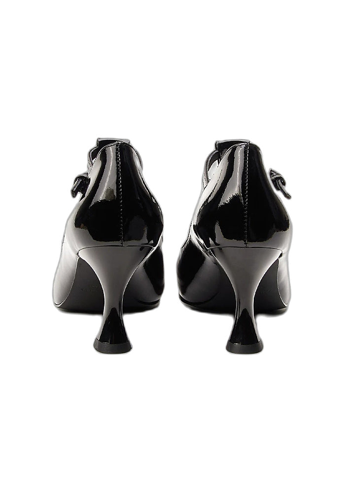 "Nightingale" Black Patent Leather T-Strap Mary Jane Pumps 7.5CM Sculpted Flared Heel Vintage Avant-Garde Dress Heels