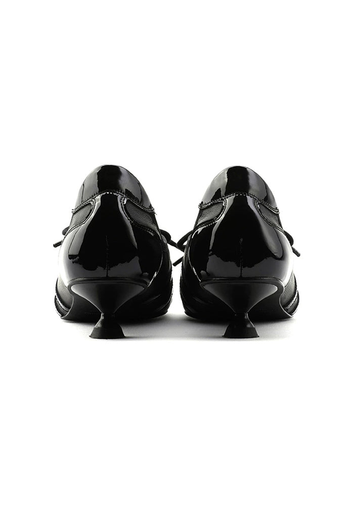 "Darkstar" Mixed Patent & Matte Black Leather Lace-Up Pointed Toe Mini Flared Kitten Heel Derby Pumps 3.5CM Cyber Avant-Garde Dress Shoes