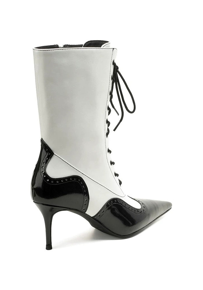 Brogue Lace-Up Mid-Calf Stiletto Boots 7.5CM Avant-Garde Two-Tone Pointed Toe Boots