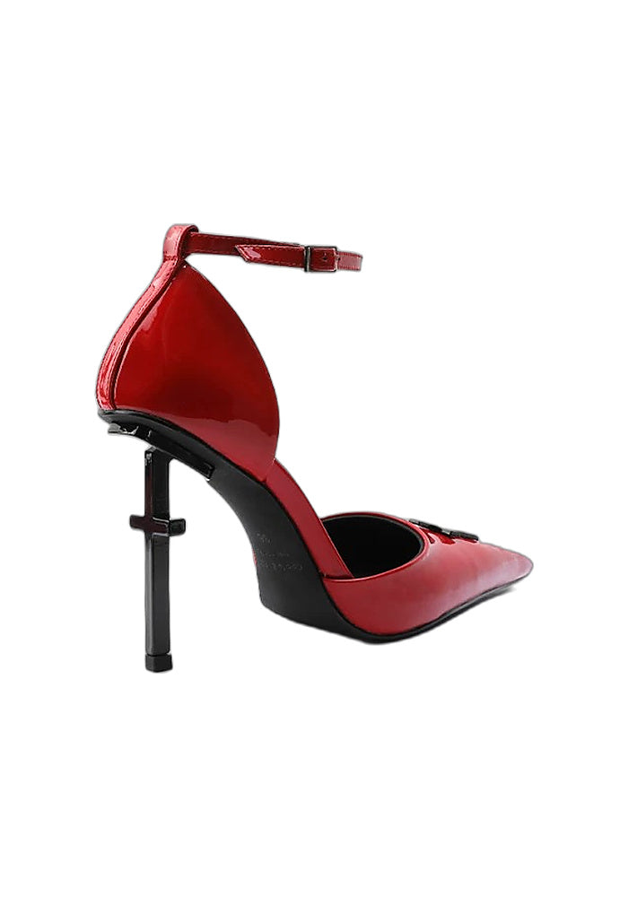 Patent Leather Ankle Strap Stiletto Pumps 10CM Cross Sculpted Heel Hollow Pointed Toe Avant-Garde Gothic Heels
