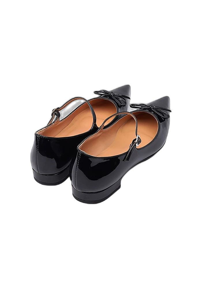 Black Patent Leather Mary Jane Flats 2.5CM Low Block Heel Pointed Toe Bow Pumps