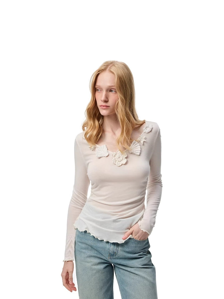 SHROENRO French-Style 3D Floral Knit Fitted Slimming Top with Asymmetrical Hem