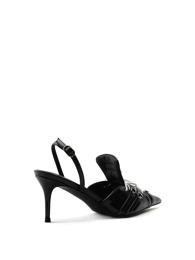 Racing-inspired Designer Sporty High-Heel Pointed-Toe Black Sandals