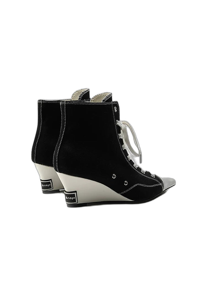 Contrast Canvas Wedge Ankle Boots 5.5CM Wedge Heel Pointed Toe Lace-Up High Top Sneaker Booties