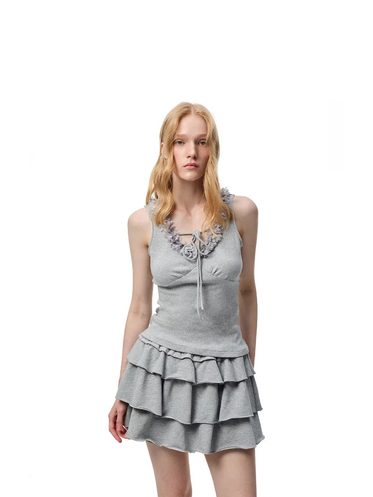 SHROENRO French Bohemian Loose A-Line Dress with Openwork and Puffed Sleeves