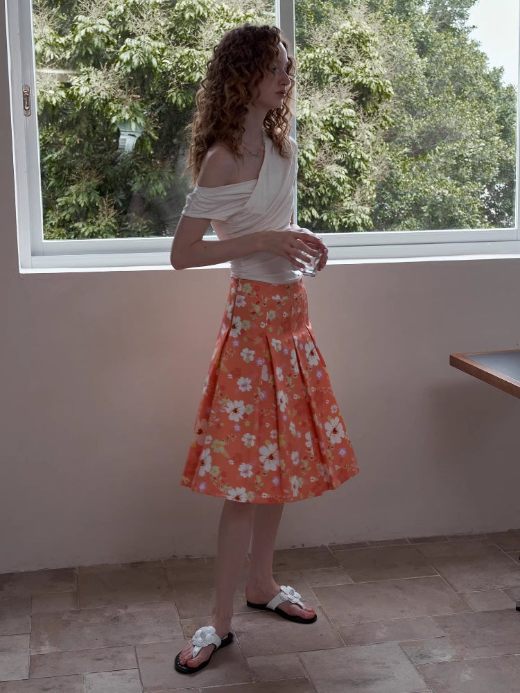 2AM POETRY Original Orange Floral All-Over Print A-Line Fitted Pleated Skirt