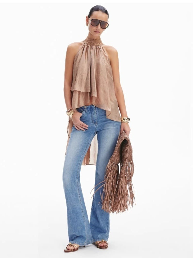 CNLEEWEI Shimmering Lace-Trimmed, Slightly Sheer, Gold-Toned, Asymmetrical Layered Top for Women