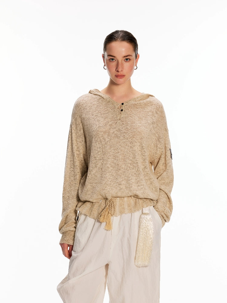 Dpercent Tencel-Linen Blend Color-Blocked Multi-Button Lightweight T-Shirt with Asymmetrical Hem