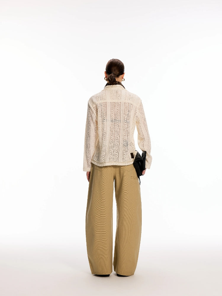 Dpercent Openwork Crocheted Cuban-Neck Casual Knit Cardigan