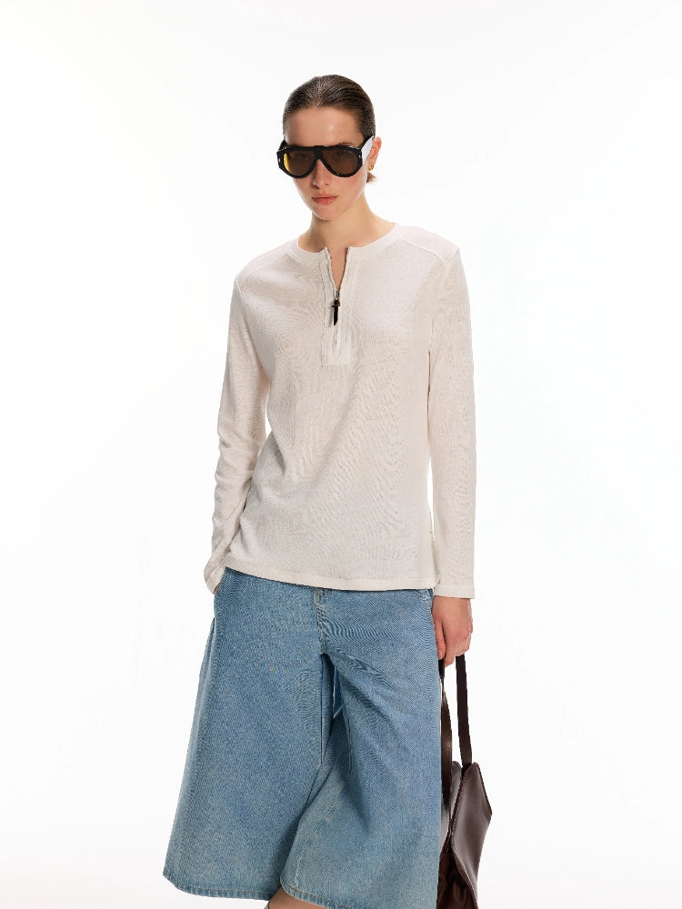 Dpercent Frayed Henley Neckline British-Style Leather Zipper Split-Hem Long-Sleeve Top