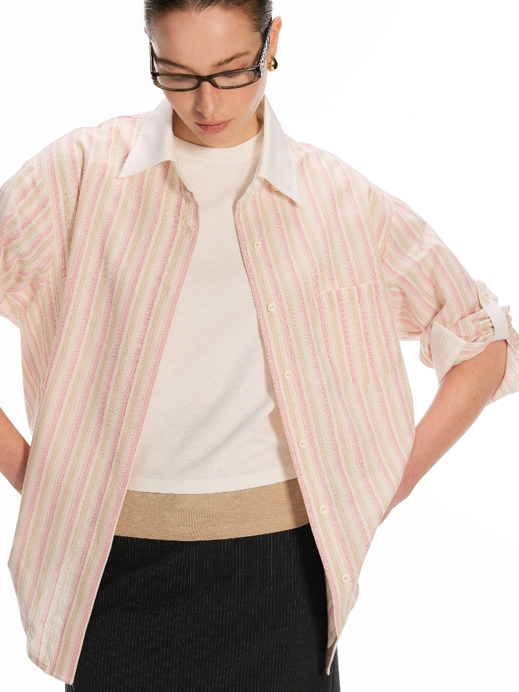 Dpercent Tencel Cotton Color-Blocked, Loose-Fit Casual Shirt with Rolled Sleeves and Reversible Design: Striped Pink Shirt