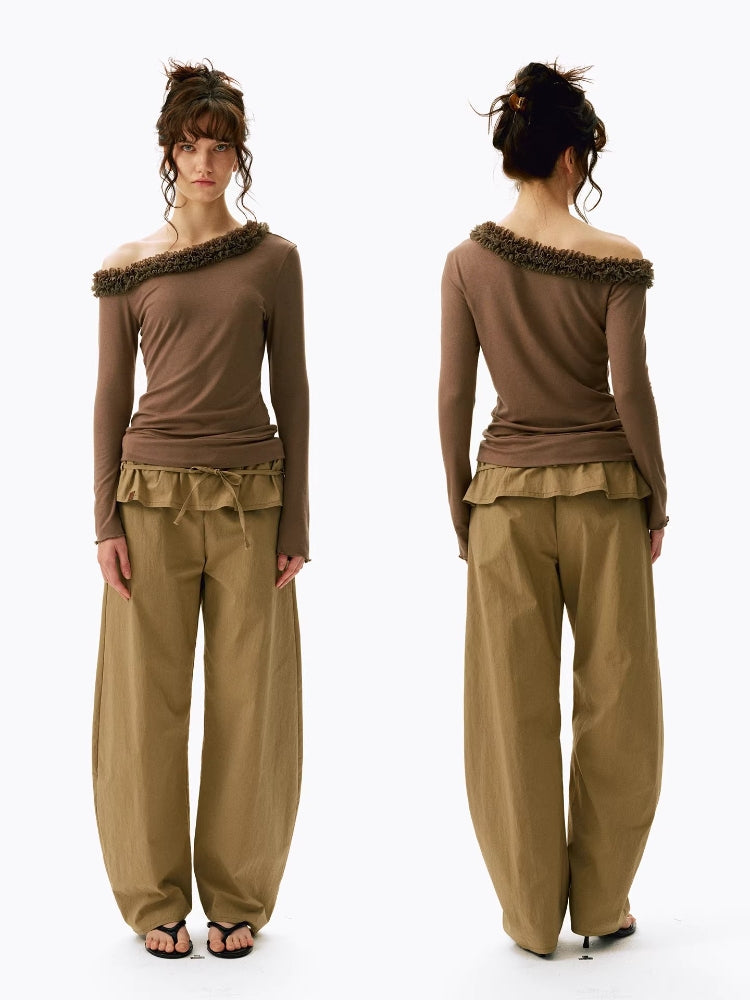 2AM POETRY Pleated, Turn-Up, Mid-Low Rise, Loose-Fit, Drawstring, Casual, Wide-Leg, Loose-Fit, Curved-Leg Pants