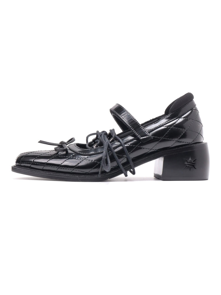 Original Diamond-Pattern Mary Jane Shoes: Dark-Style Lace-Up Leather Loafers, Summer Black Chunky-Heel Pumps
