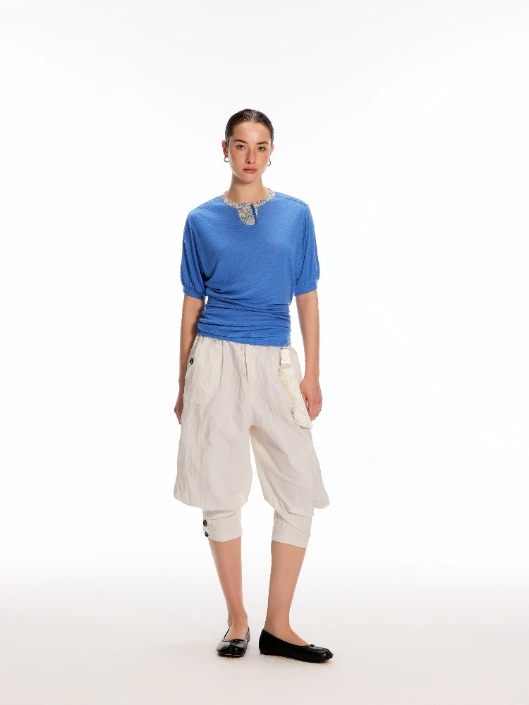 Dpercent Asymmetrical-Pocket, Textured Silk-Like, 7/8-Length, Wide-Leg, Relaxed-Fit, Stretch-Waist, Balloon Pants