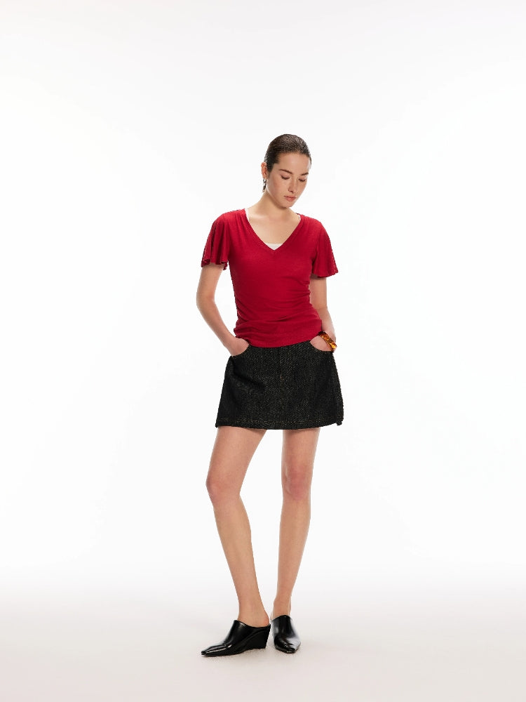 Dpercent Light Blue Vintage-Washed Adjustable-Waist Mid-Rise Loose-Fit, Slimming Wide-Leg Denim Shorts