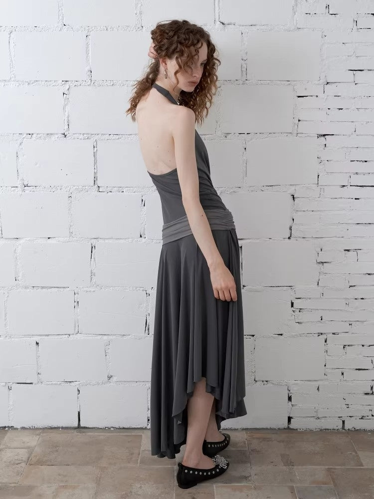 2AM POETRY Halter-Neck, Tie-Front, Off-the-Shoulder, Patchwork, Pleated, Asymmetrical Dress