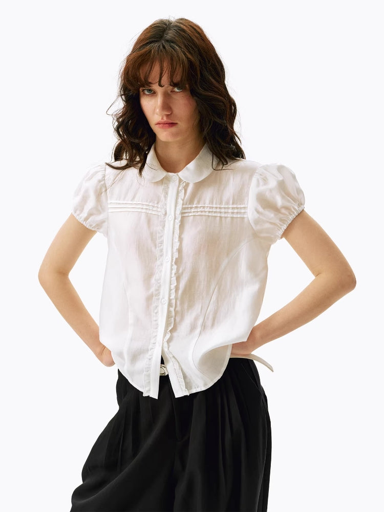 2AM POETRY Linen-Blend Shirt with Sheer Peter Pan Collar, Ruffled Sleeves, and Cropped Silhouette