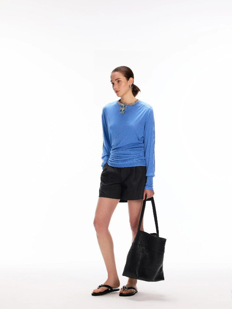 Dpercent Asymmetrical-Pocket, Textured Silk-Like, 7/8-Length, Wide-Leg, Relaxed-Fit, Stretch-Waist, Balloon Pants