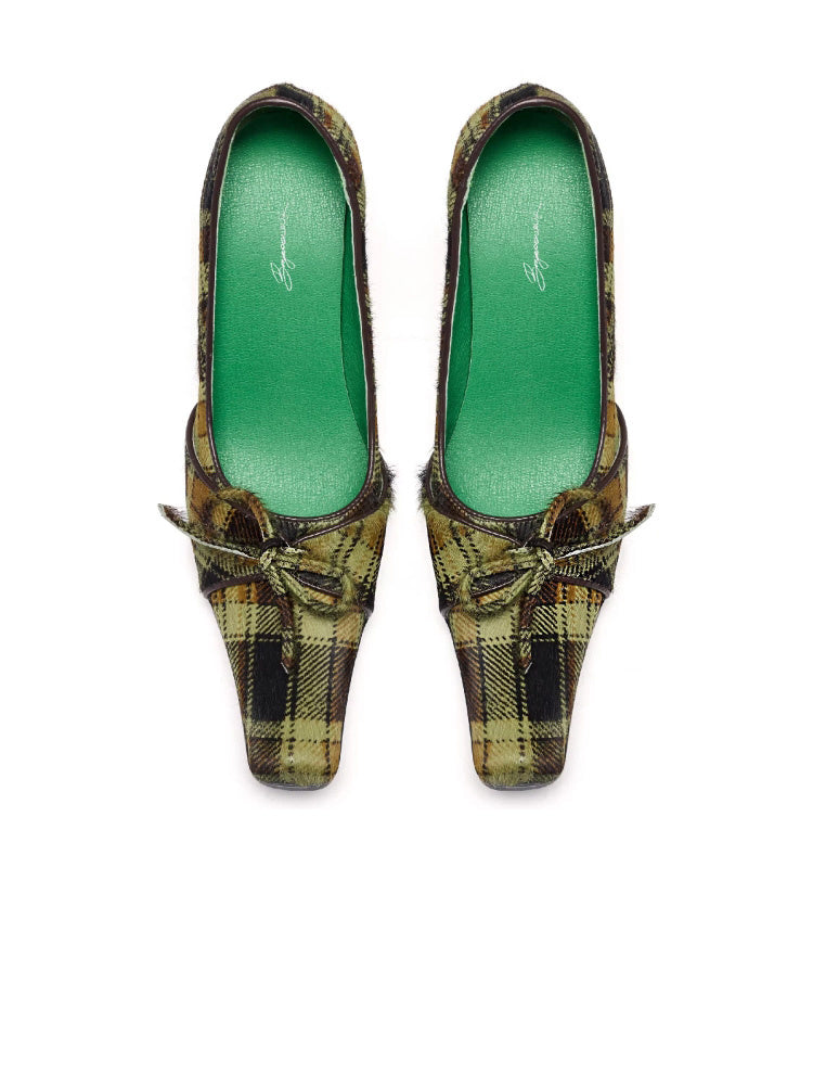 UBORYA British-Style Green Checkered Niche Horsehair Square-Toe Shoes