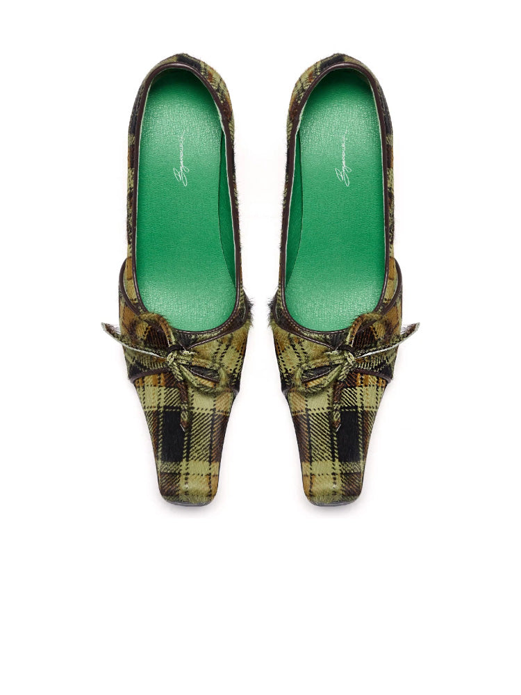 UBORYA British-Style Green Checkered Niche Horsehair Square-Toe Shoes