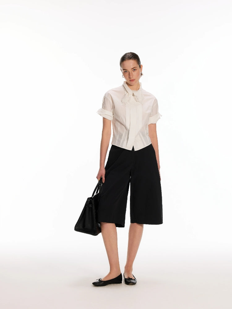 White Shirt with Embroidered Sash, Tuck Pleats, and Rolled Sleeves in a 50% Wool Blend with a Slightly Crinkled Texture
