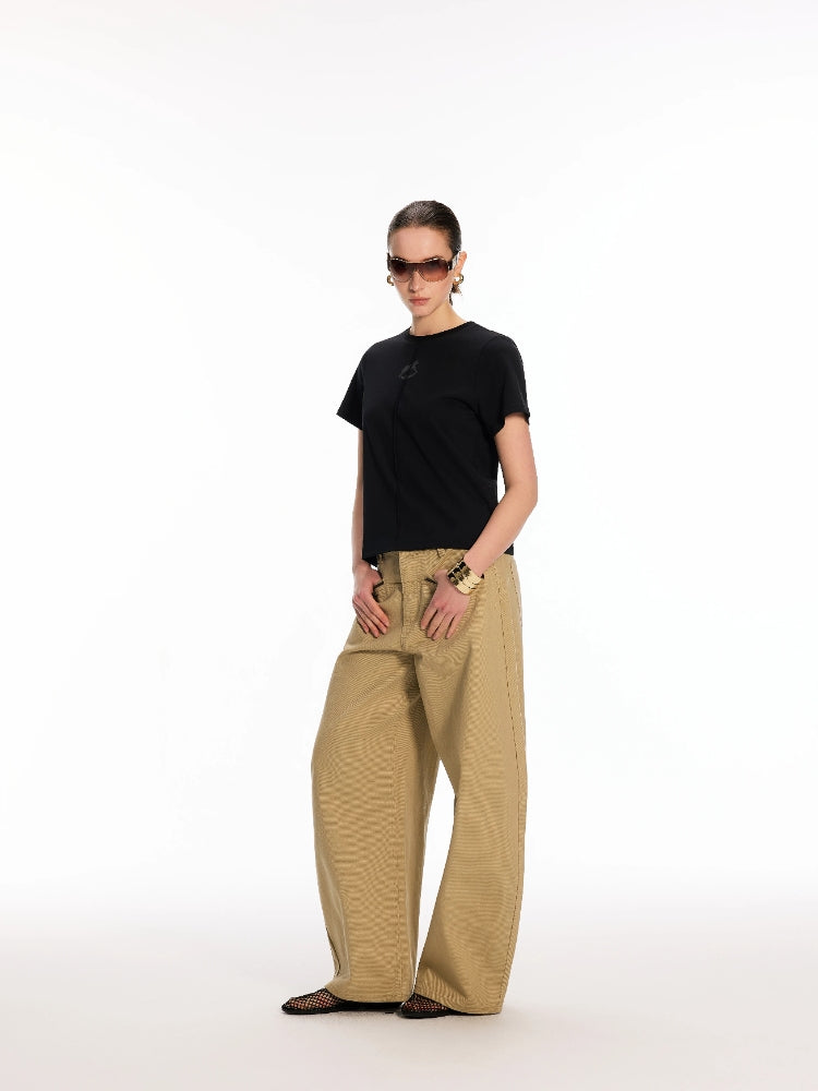 Dpercent All-Cotton Khaki Casual Pants with Color-Blocked Leather Straps, Straight-Cut Side Pockets, and Curved-Leg Silhouette