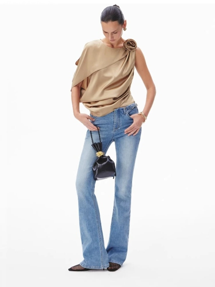 CNLEEWEI Luxury Detachable Floral Cape-Style Pleated Satin Blouse