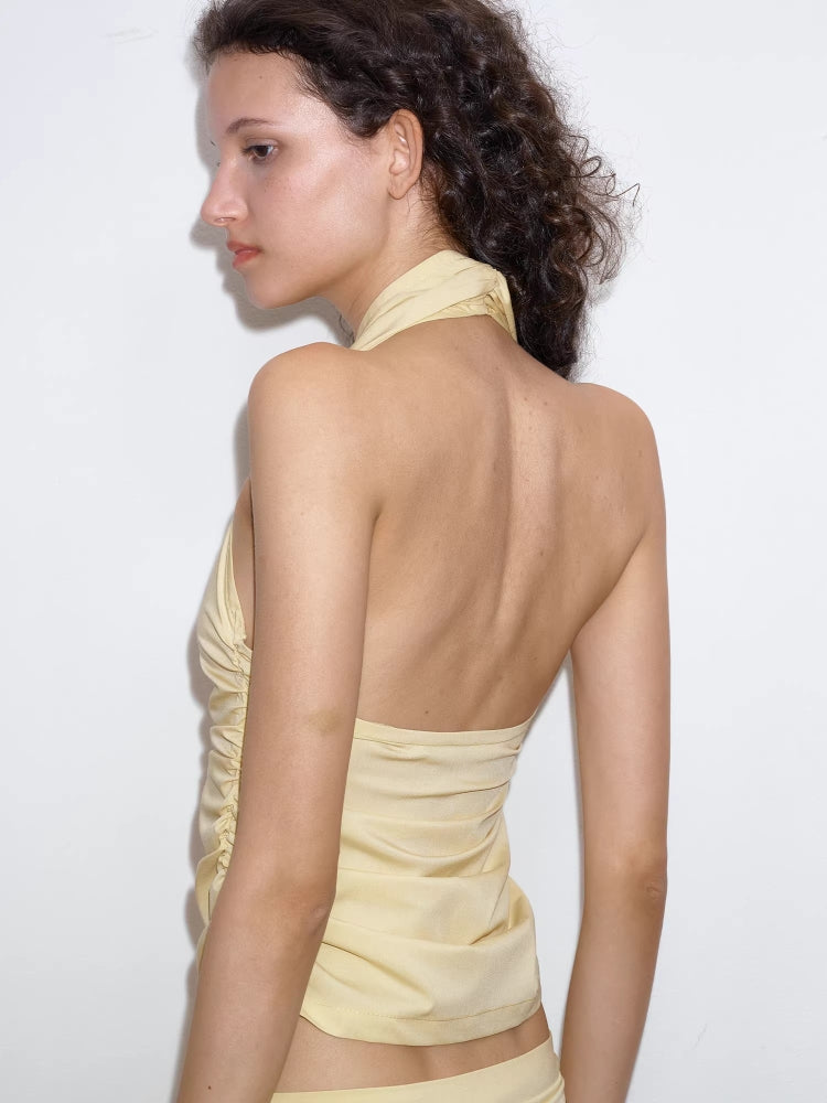 2AM POETRY Yellow Pleated Backless Tank Top and Pleated Fitted Skirt Set