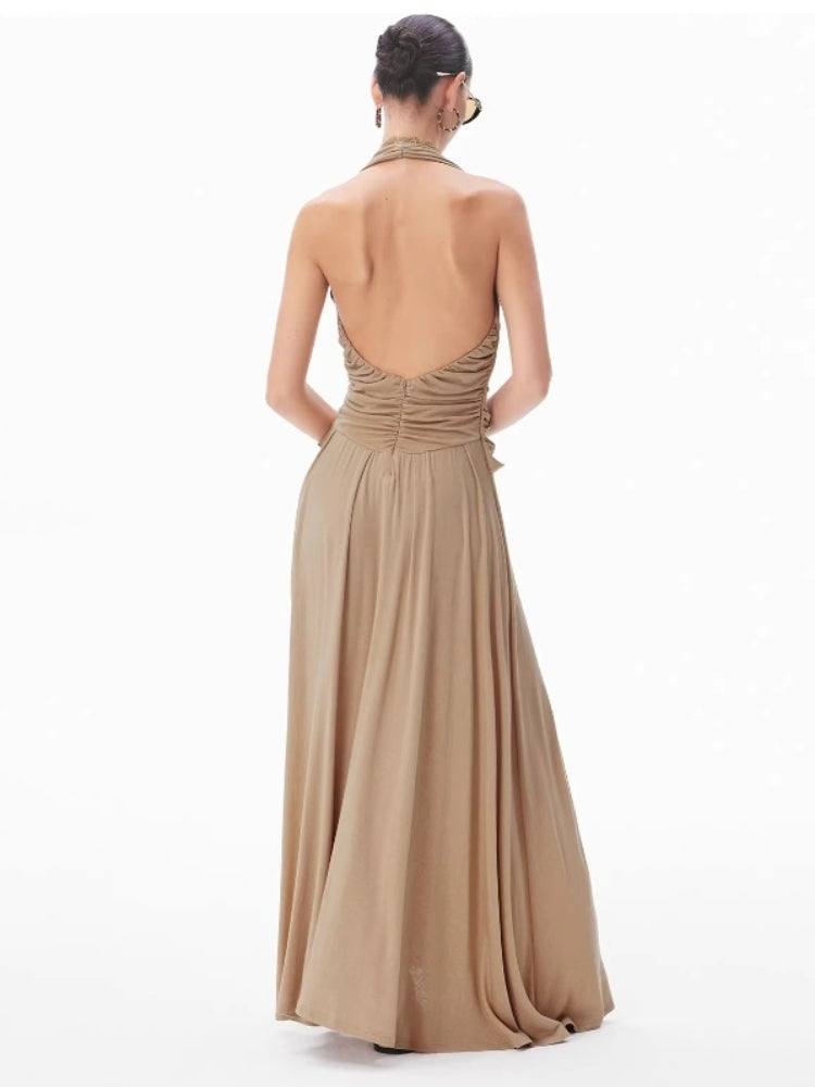 CNLEEWEI Romantic Layered V-Neck Halter-Neck Knit Dress with Tie-Front