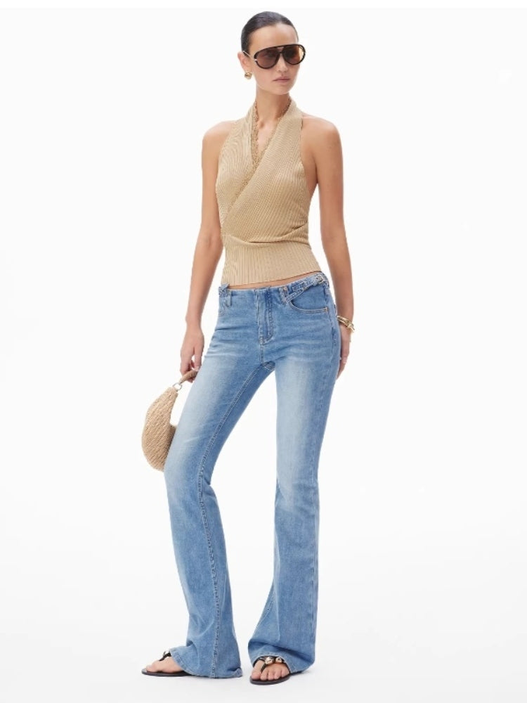 CNLEEWEI Lace-Panel V-Neck Halter-Neck Ice-Silk Knit Tank Top