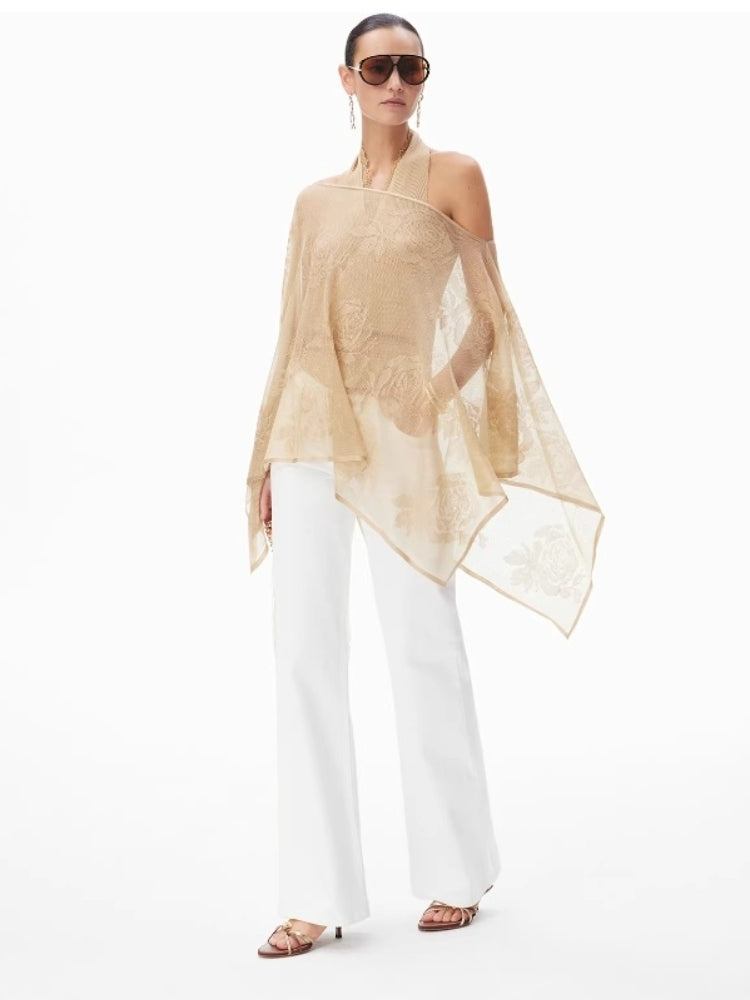 CNLEEWEI Double-Knit, Double-Layer Fabric Rose Jacquard Sheer Lustrous Gold-Threaded Woolen Shawl