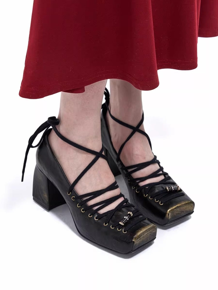 Arcadiagyal Designer Block Heel Square Toe High Heels Vintage Neo-Chinese Style High Heels